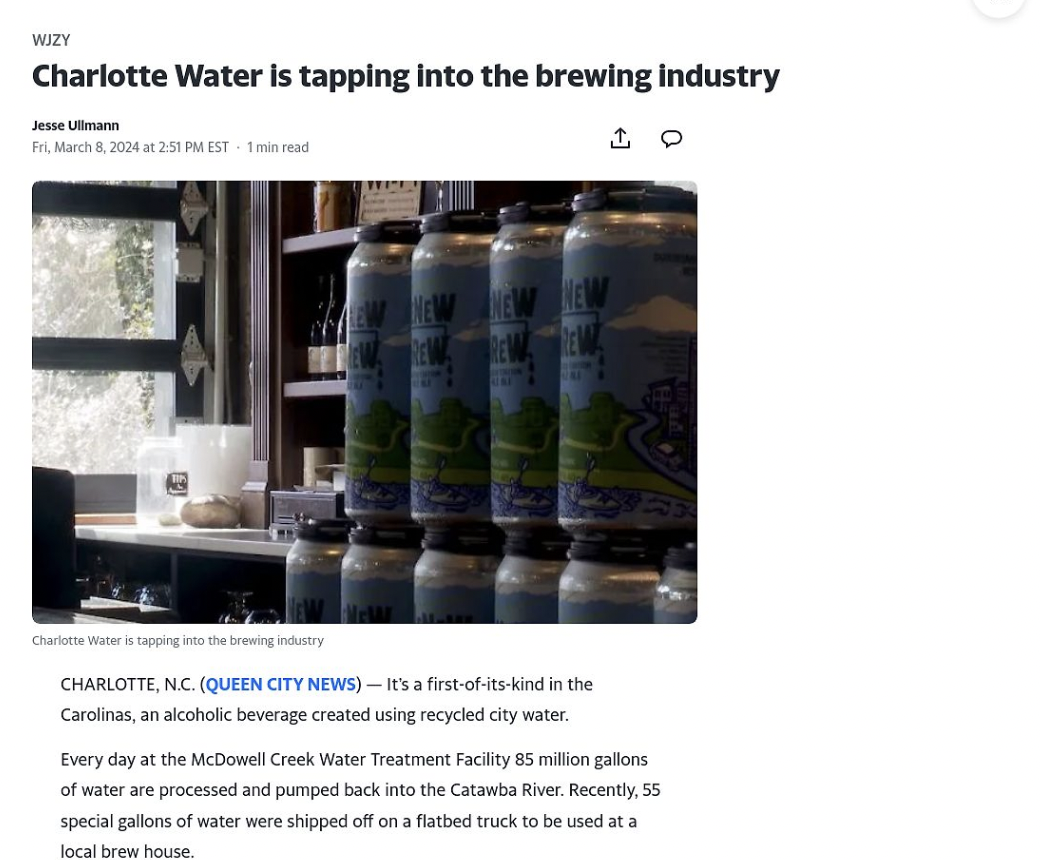 Yahoo! News Charlotte Water and the Beer Industry